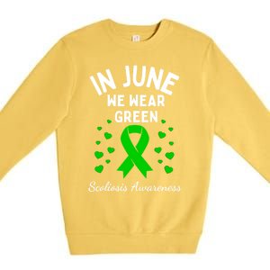 In June We Wear Green Ribbon Heart Scoliosis Awareness Gift Premium Crewneck Sweatshirt