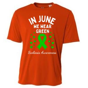 In June We Wear Green Ribbon Heart Scoliosis Awareness Gift Cooling Performance Crew T-Shirt