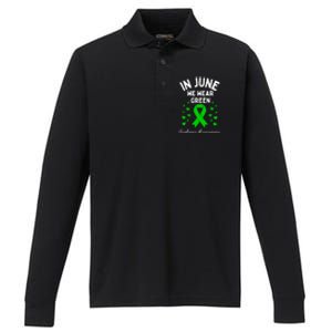 In June We Wear Green Ribbon Heart Scoliosis Awareness Gift Performance Long Sleeve Polo