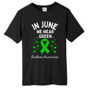 In June We Wear Green Ribbon Heart Scoliosis Awareness Gift Tall Fusion ChromaSoft Performance T-Shirt