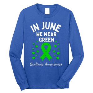 In June We Wear Green Ribbon Heart Scoliosis Awareness Gift Long Sleeve Shirt