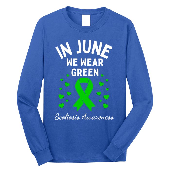 In June We Wear Green Ribbon Heart Scoliosis Awareness Gift Long Sleeve Shirt