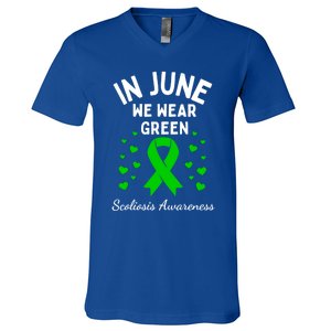 In June We Wear Green Ribbon Heart Scoliosis Awareness Gift V-Neck T-Shirt