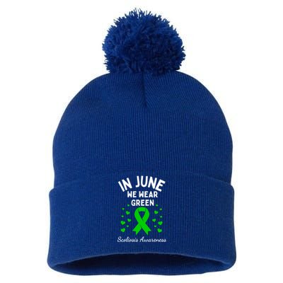 In June We Wear Green Ribbon Heart Scoliosis Awareness Gift Pom Pom 12in Knit Beanie