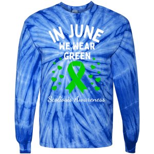 In June We Wear Green Ribbon Heart Scoliosis Awareness Gift Tie-Dye Long Sleeve Shirt