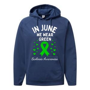 In June We Wear Green Ribbon Heart Scoliosis Awareness Gift Performance Fleece Hoodie