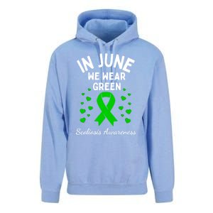 In June We Wear Green Ribbon Heart Scoliosis Awareness Gift Unisex Surf Hoodie