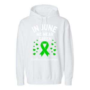 In June We Wear Green Ribbon Heart Scoliosis Awareness Gift Garment-Dyed Fleece Hoodie