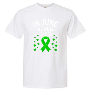 In June We Wear Green Ribbon Heart Scoliosis Awareness Gift Garment-Dyed Heavyweight T-Shirt