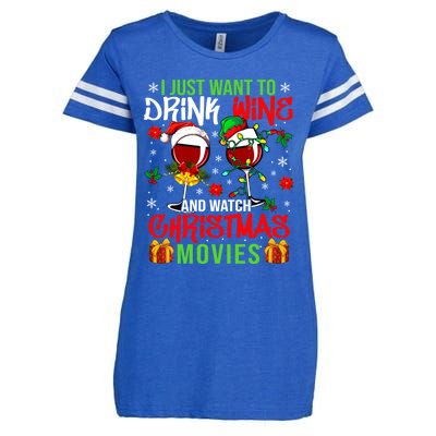 I Just Want To Wine And Watch Xmas Movies Santa Wines Funny Gift Enza Ladies Jersey Football T-Shirt