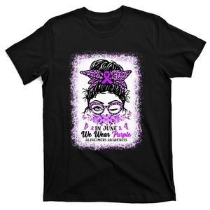 In June We Wear Purple Alzheimer Awareness Messy Bun Support T-Shirt