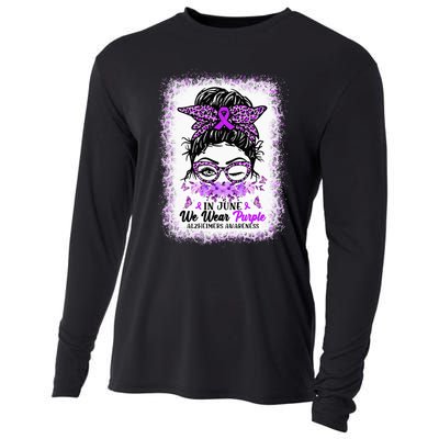 In June We Wear Purple Alzheimer Awareness Messy Bun Support Cooling Performance Long Sleeve Crew