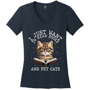 I Just Want To Read Books And Pet Cats Cat Women's V-Neck T-Shirt