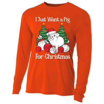 I Just Want A Pig For Christmas Holiday Tree Piglet Cute Gift Cooling Performance Long Sleeve Crew