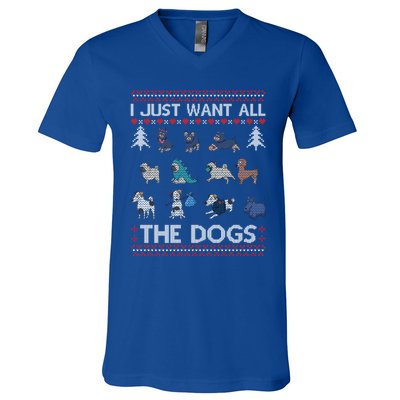 I Just Want All The Dogs Ugly Sweater Xmas Funny Ugly Meaningful Gift V-Neck T-Shirt