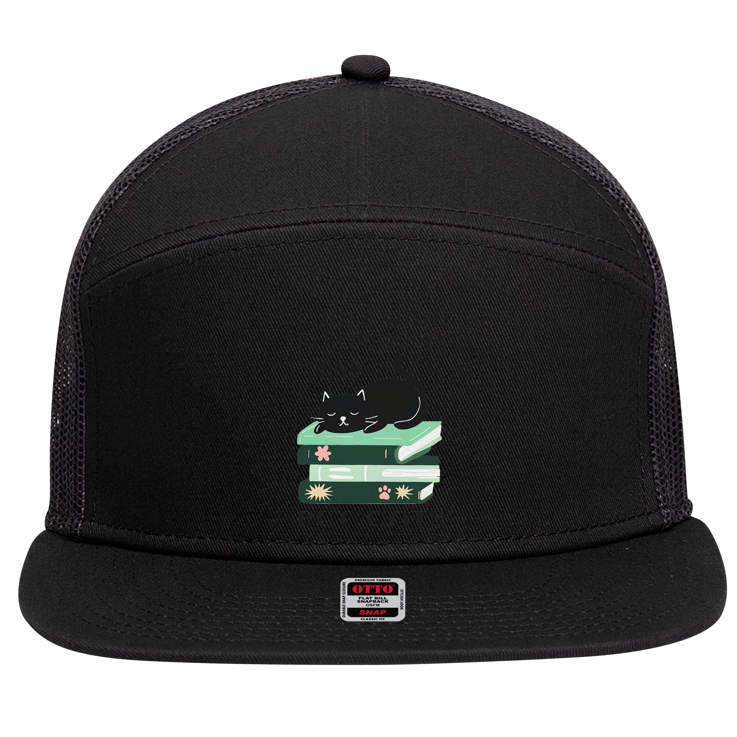 I Just Want To Read Books And Pet Cats Funny Reading Cat 7 Panel Mesh Trucker Snapback Hat