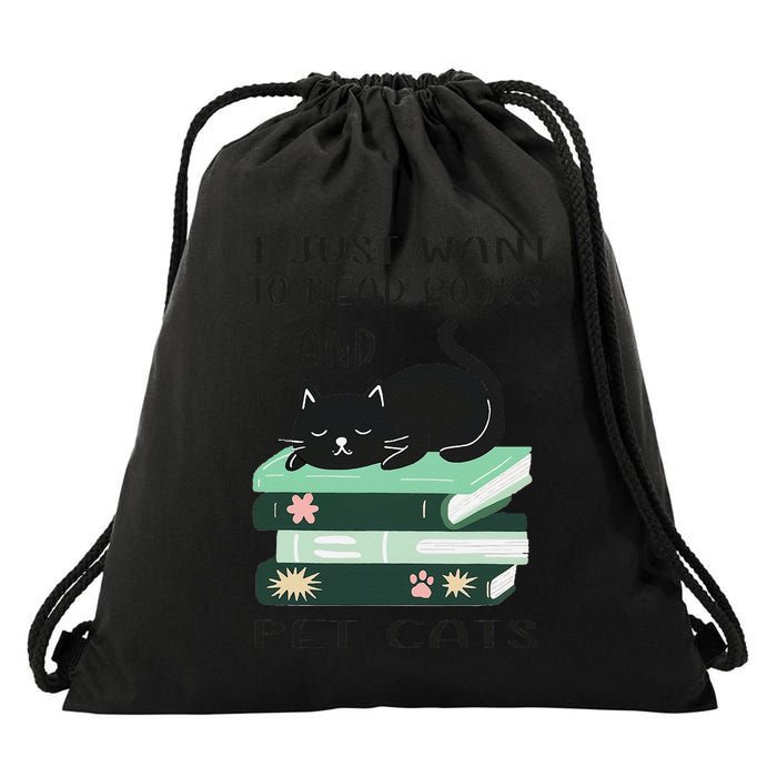 I Just Want To Read Books And Pet Cats Funny Reading Cat Drawstring Bag