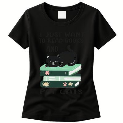 I Just Want To Read Books And Pet Cats Funny Reading Cat Womens T-Shirt
