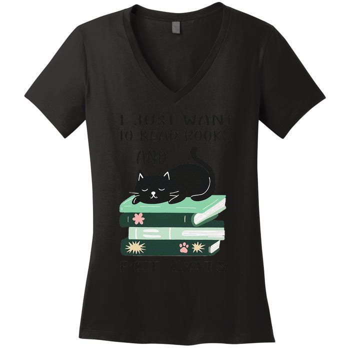 I Just Want To Read Books And Pet Cats Funny Reading Cat Women's V-Neck T-Shirt