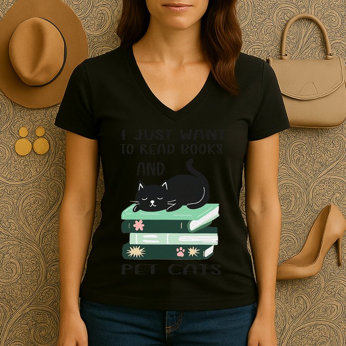 I Just Want To Read Books And Pet Cats Funny Reading Cat Women's V-Neck T-Shirt