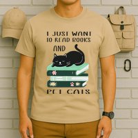 I Just Want To Read Books And Pet Cats Funny Reading Cat T-Shirt