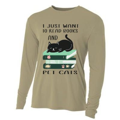 I Just Want To Read Books And Pet Cats Funny Reading Cat Cooling Performance Long Sleeve Crew