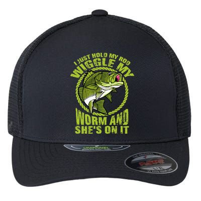 I Just Wiggle My Worm And She's On It Funny Fishing Flexfit Unipanel Trucker Cap