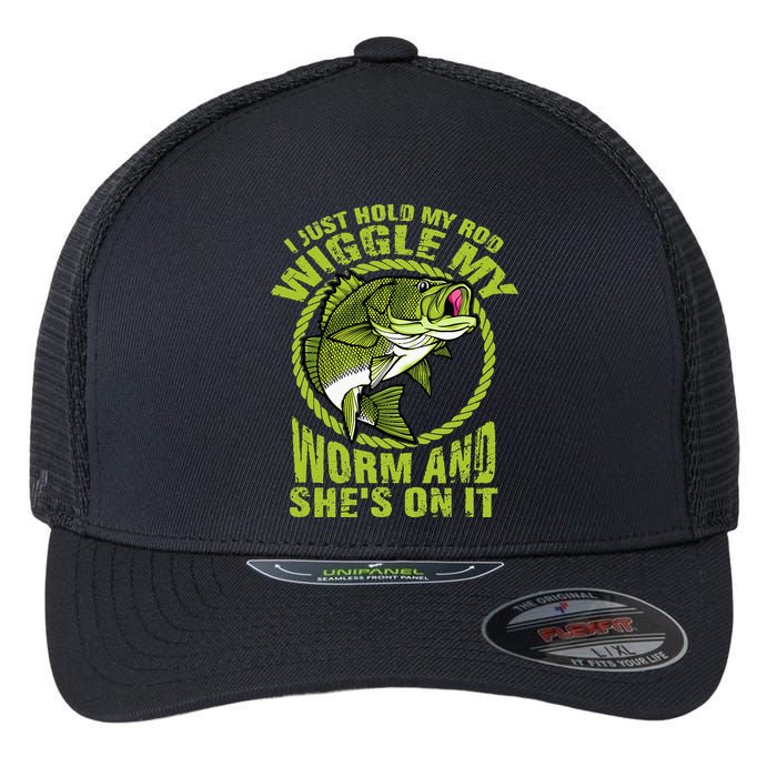 I Just Wiggle My Worm And She's On It Funny Fishing Flexfit Unipanel Trucker Cap