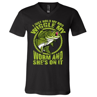 I Just Wiggle My Worm And She's On It Funny Fishing V-Neck T-Shirt