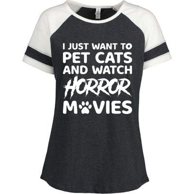 I Just Want To Pet Cats And Watch Horror Movies Halloween Quote Enza Ladies Jersey Colorblock Tee