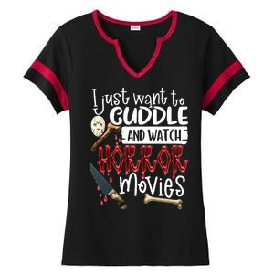 I Just Want To Cuddle And Watch Horror Movies Ladies Halftime Notch Neck Tee