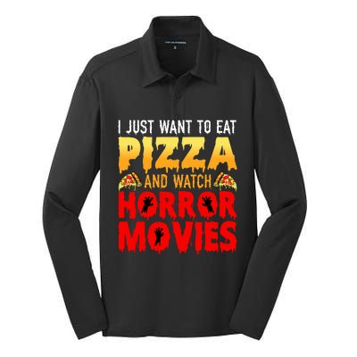 I Just Want To Eat Pizza And Watch Horror Movies Halloween Silk Touch Performance Long Sleeve Polo