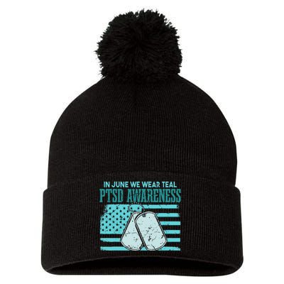 In June We Wear Teal PTSD Awareness Pom Pom 12in Knit Beanie