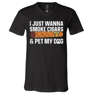 I Just Wanna Smoke Cigars And Pet My Dog Cigar Lounge V-Neck T-Shirt