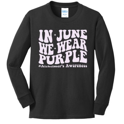 In June We Wear Purple Alzheimer's Awareness Groovy & Wavy Kids Long Sleeve Shirt