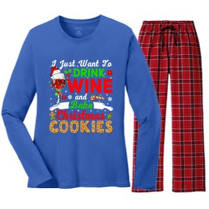 I Just Want To Wine And Bake Xmas Cookies Santa Wine Gift Women's Long Sleeve Flannel Pajama Set 