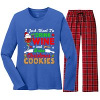 I Just Want To Wine And Bake Xmas Cookies Santa Wine Gift Women's Long Sleeve Flannel Pajama Set 