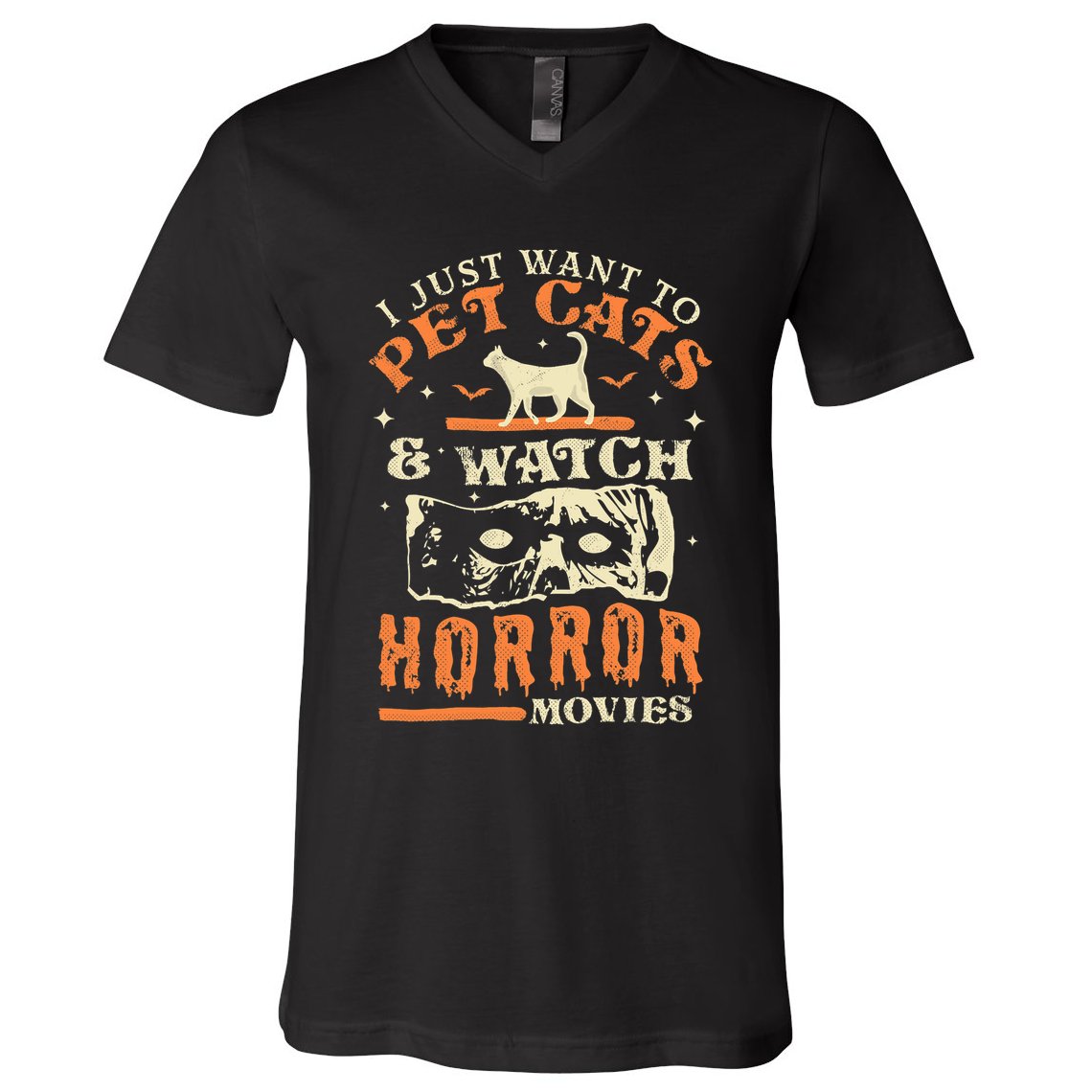 I Just Want To Pet Cats And Watch Horror Movies Cat Lover V-Neck T-Shirt