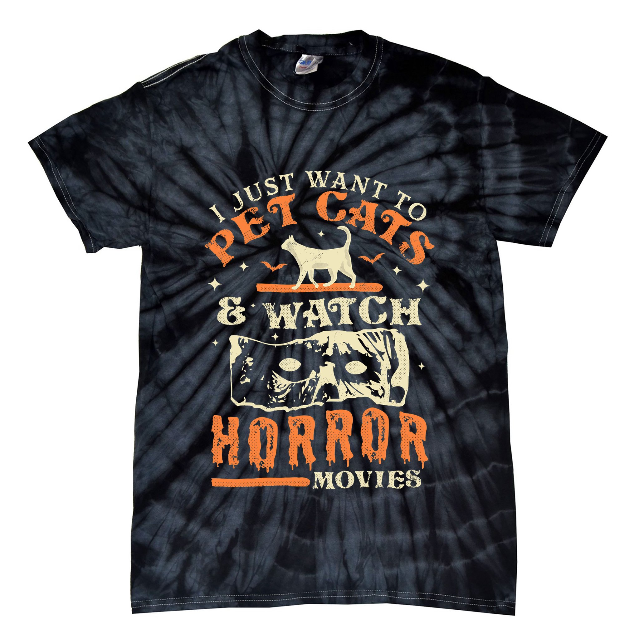 I Just Want To Pet Cats And Watch Horror Movies Cat Lover Tie-Dye T-Shirt