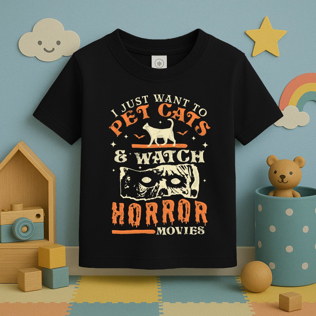 I Just Want To Pet Cats And Watch Horror Movies Cat Lover Toddler T-Shirt