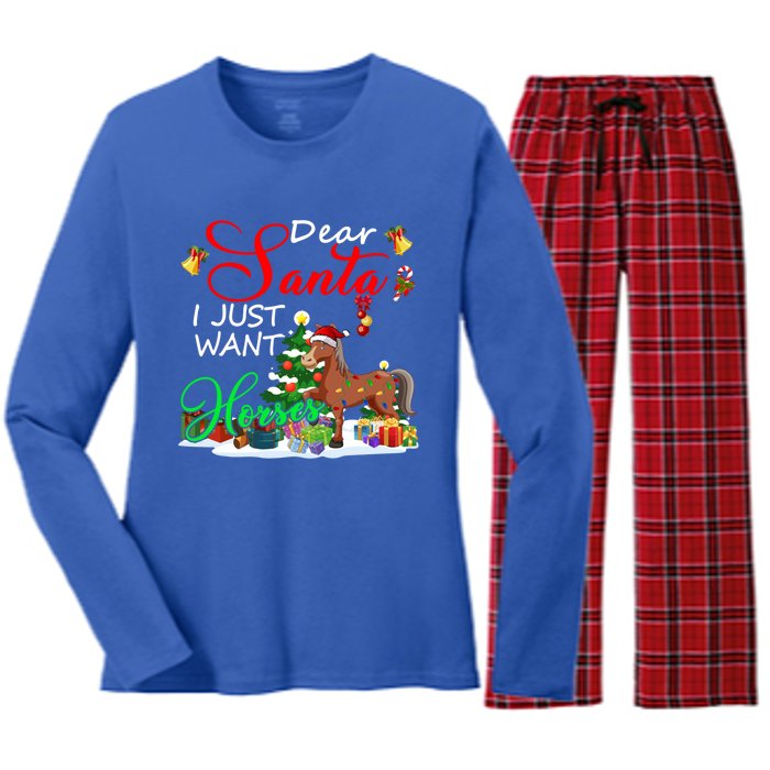 I Just Want Horses Christmas Farmer Santa Horse Lover Cute Gift Women's Long Sleeve Flannel Pajama Set 