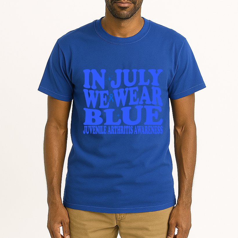 In July We Wear Blue Juvenile Arthritis Awareness Groovy Meaningful Gift Tall T-Shirt