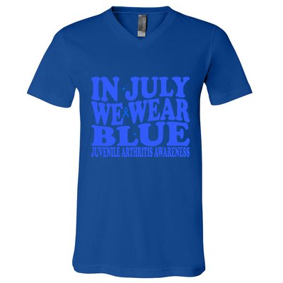 In July We Wear Blue Juvenile Arthritis Awareness Groovy Meaningful Gift V-Neck T-Shirt