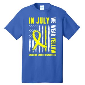 In July We Wear Yellow Sarcoma Cancer Awareness Us Flag Cute Gift Tall T-Shirt