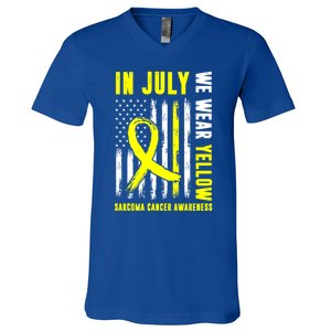 In July We Wear Yellow Sarcoma Cancer Awareness Us Flag Cute Gift V-Neck T-Shirt