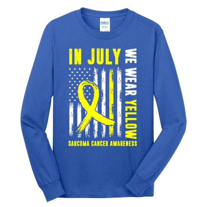 In July We Wear Yellow Sarcoma Cancer Awareness Us Flag Cute Gift Tall Long Sleeve T-Shirt