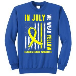 In July We Wear Yellow Sarcoma Cancer Awareness Us Flag Cute Gift Tall Sweatshirt