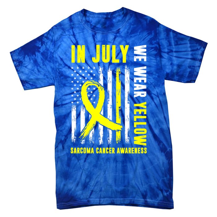 In July We Wear Yellow Sarcoma Cancer Awareness Us Flag Cute Gift Tie-Dye T-Shirt