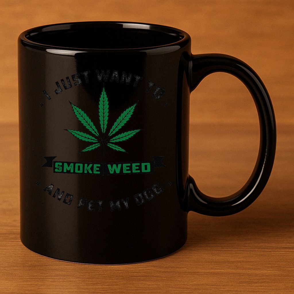 I Just Want To Smoke Weed And Pet My Dog Funny Stoner 11oz C Handle Ceramic Mug