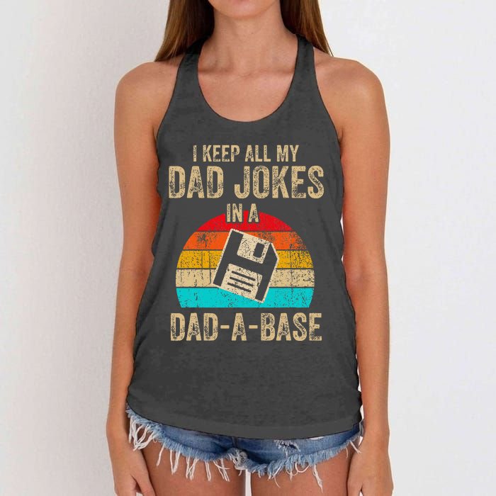 I Keep All My Dad Jokes In A DadABase Vintage Fathers Day Women's Knotted Racerback Tank